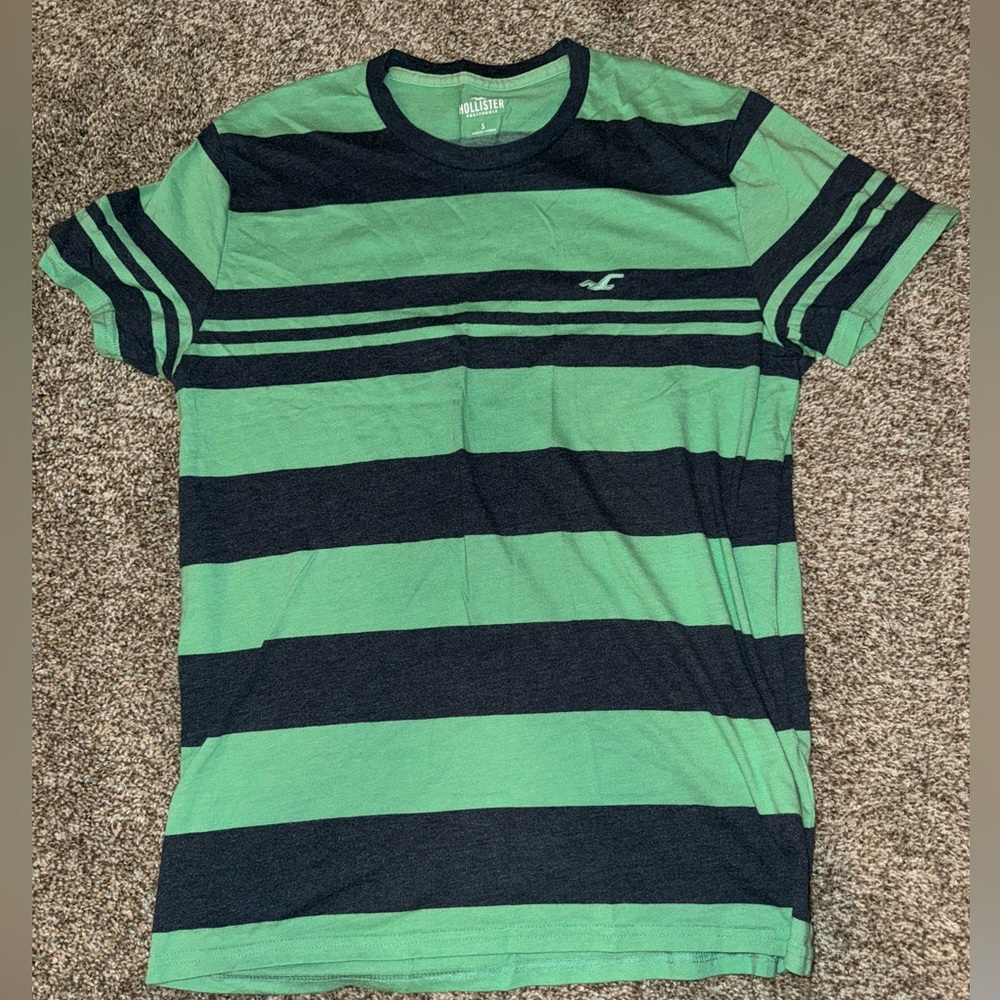 Hollister Men’s Green Navy Striped Logo T-Shirt Size Small